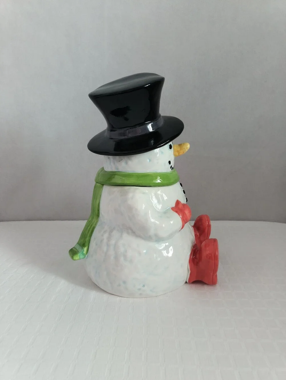 Festive Ceramic Snowman Cookie Jar With Black Top Hat and Green Scarf